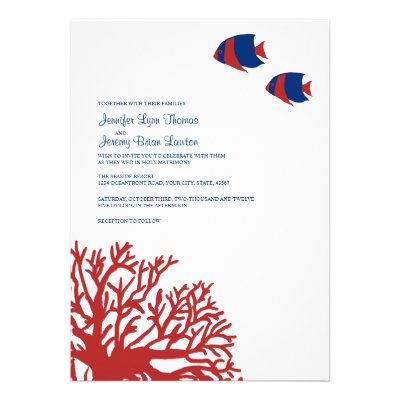 Blue and Red Tropical Coral Wedding Invitation