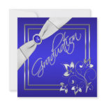 Blue and Silver Floral Photo Graduation Invitation