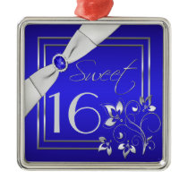 Blue and Silver Floral Sweet Sixteen Ornament