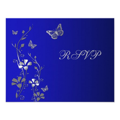 Blue and Silver Floral with Butterflies Reply Card Invites