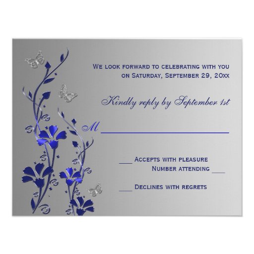 Blue and Silver Floral with Butterflies Reply Card Invites