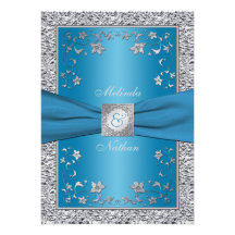 Blue and Silver Foil Monogram Wedding Invitation