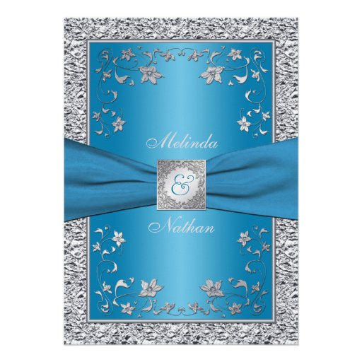 Blue and Silver Foil Monogram Wedding Invitation