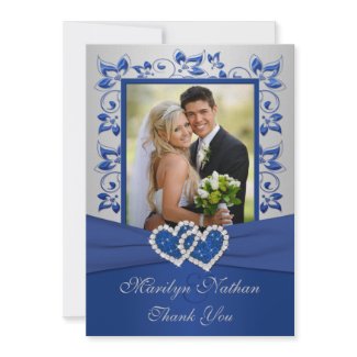 Blue and Silver Joined Hearts Photo Thank You Card invitation