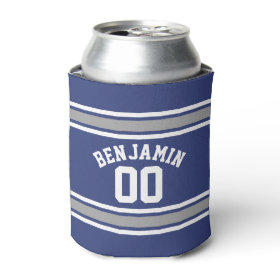 Blue and Silver Sports Jersey Custom Name Number Can Cooler