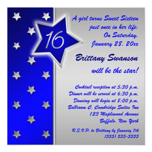 Blue and Silver Stars Sweet 16 Invitation