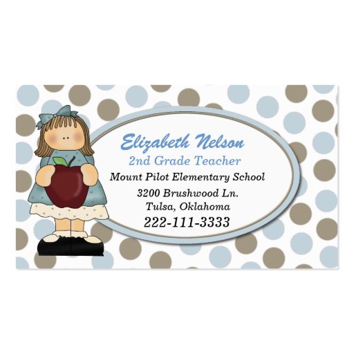 Blue and Tan Polka Dot Teacher's business card (front side)