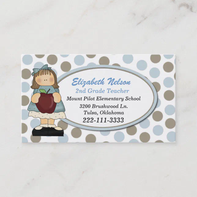 Blue And Tan Polka Dot Teacher S Business Card Zazzle