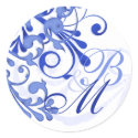 Blue and White Abstract Floral Monogram Envelope Seal Stickers