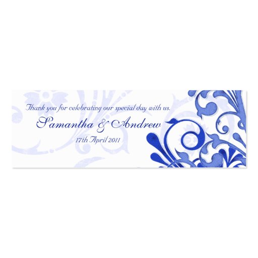 Blue and White Abstract Floral Favour Tags Business Card Template (front side)