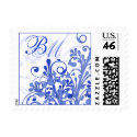 Blue and White Abstract Floral Monogram Wedding Postage Stamps