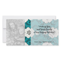 blue and white boho chic flower damask pattern customized photo card
