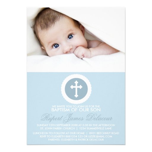 Blue and White Cross Baptism Photo Invitation