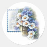 blue and white daisies round stickers