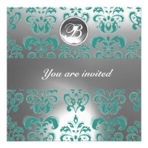 BLUE AND WHITE DAMASK GEM STONE MONOGRAM INVITATION