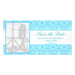 Blue and White Fancy Damask Pattern Save The Dates Personalized Photo Card