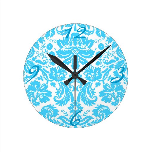 Blue and White Fancy Damask Patterned Round Wall Clocks Zazzle