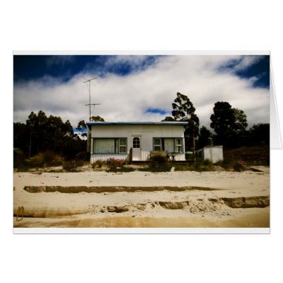 Blue and white fibro beach shack greeting card by coastandbeach