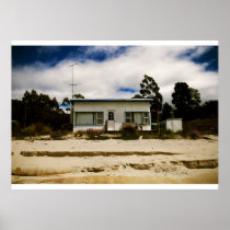 Blue and white fibro beach shack print