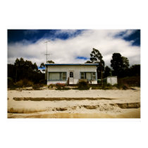 Blue and white fibro beach shack posters