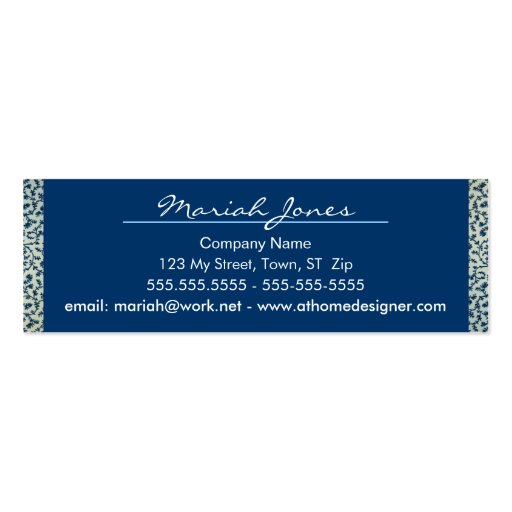 Blue and White Floral Skinny Profile Business Card (back side)