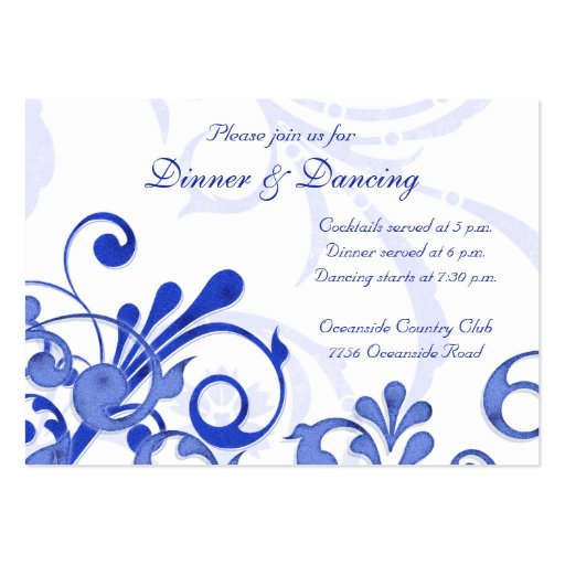 Blue and White Floral Wedding Reception Card Business Cards (front side)