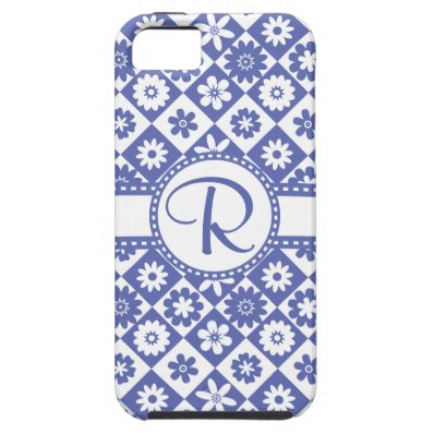 Blue and White Monogram R Pretty Floral Pattern iPhone 5/5S Cases