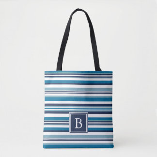 blue and white striped tote bag