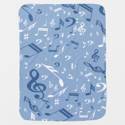 Blue and White Music Notes Random Pattern Baby Blanket