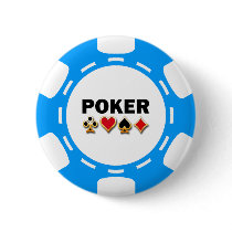 BLUE AND WHITE POKER CHIP PINBACK BUTTON