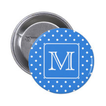 Blue and White Polka Dot Pattern Monogram. Custom. Button