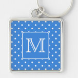 Blue and White Polka Dot Pattern Monogram. Custom. Keychain
