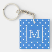 Blue and White Polka Dot Pattern Monogram. Custom. Acrylic Key Chain
