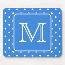 Blue and White Polka Dot Pattern Monogram. Custom. Mousepad