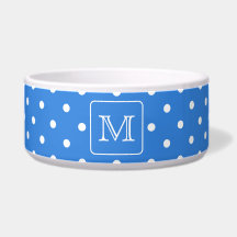 Blue and White Polka Dot Pattern Monogram. Custom. Pet Bowls