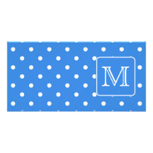Blue and White Polka Dot Pattern Monogram. Custom. Customized Photo Card