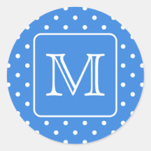 Blue and White Polka Dot Pattern Monogram. Custom. Round Stickers