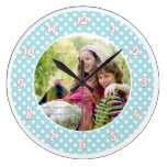 Blue and White Polka Dot Personalized Photo Round Wallclocks