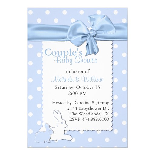Blue and White Polka Dots With Rabbits Baby Shower Invites