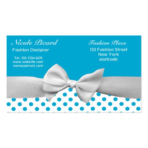 Blue and white ribbon and polka dots business card (back side)