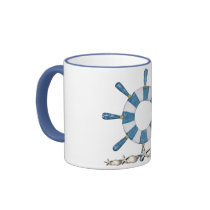 Blue and White Ship's Wheel mugs by FractaGifts Blue and White Ship's Wheel mugs