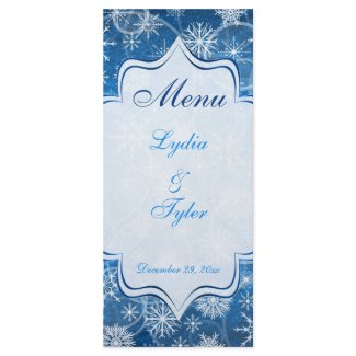 Blue and White Snow Flakes Wedding Menu Card