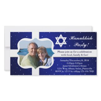 Blue and White Snow Hanukkah Party Photo Card