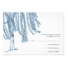 Blue and White Willow Tree Wedding RSVP Invitations