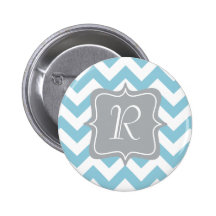Blue and White Zigzag Monogram Pinback Button