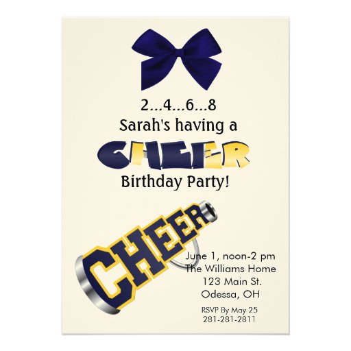 Blue and Yellow Cheer Megaphone Invitation (front side)