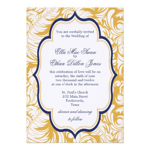 Blue and Yellow Damask Wedding invitations 5" X 7