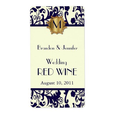 Blue and Yellow Damask Wedding Mini Wine Labels