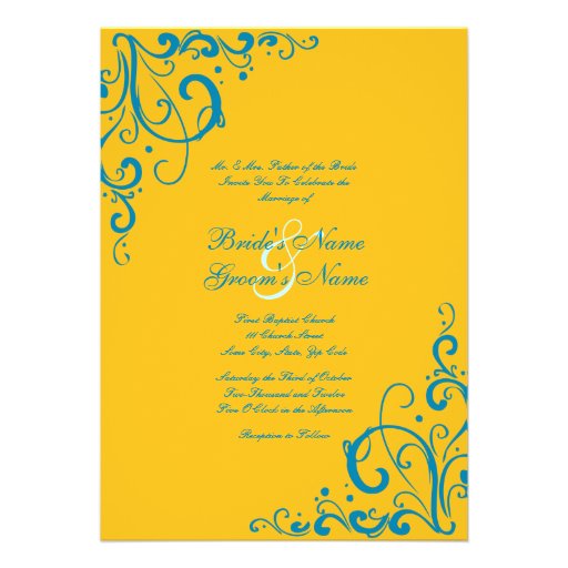 Blue and Yellow Flourish Wedding Invitation
