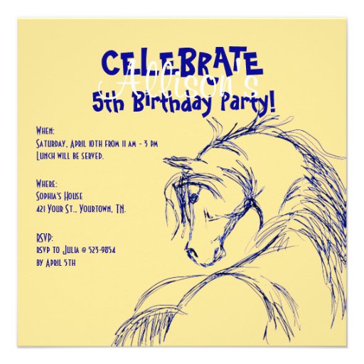 Blue and Yellow Horse Head Sketch Birthday Invite